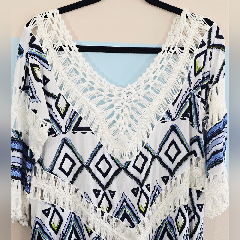 Boho Geometric Crochet Trim Cover-Up - White & Blue - Picture 5 of 8